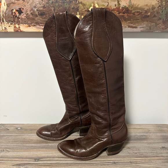 Vintage Tall Chocolate Brown Leather Cowboy Boots - Picture 1 of 9